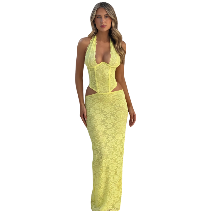 Damen Maxikleid mit Korsett &amp; Spitze | Elegantes Neckholder Abendkleid mit Schlitz | Figurbetonte Silhouette für Hochzeiten &amp; Galas