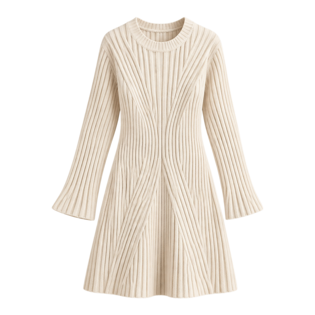 Damen Rippstrickkleid langarm | Figurbetontes Midi-Strickkleid mit Rundhals und leichtem Stretch für Herbst und Winter