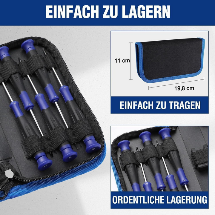 Mini Schraubendreher Set 10-teilig | Präzisions Schraubendreher mit Schlitz, Kreuz und Torx, Magnetisierer und Aufbewahrungstasche