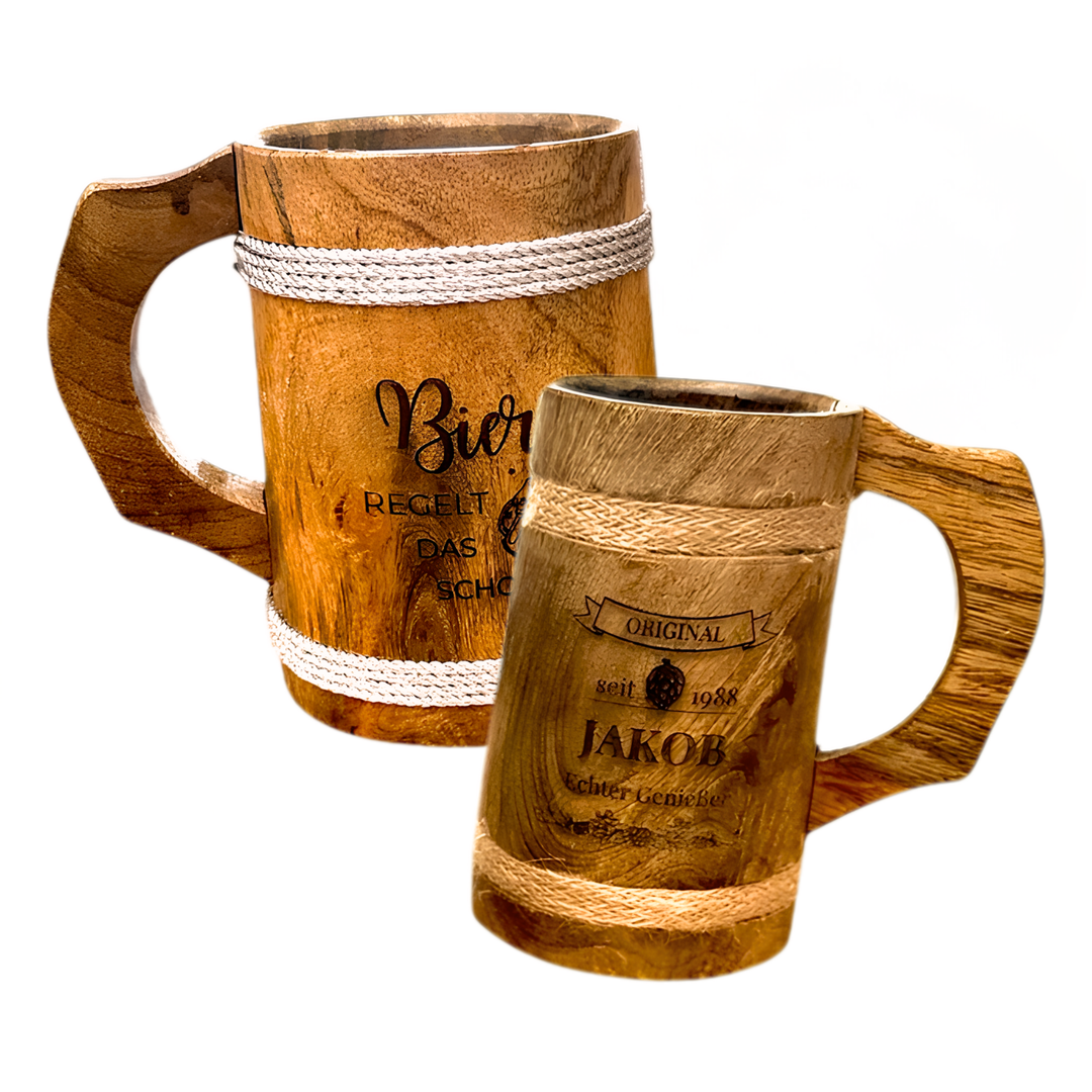 Personalisierter Bierkrug | Holz Bierkrug mit Gravur, Wunschtext oder Grafik in 500 ml oder 700 ml