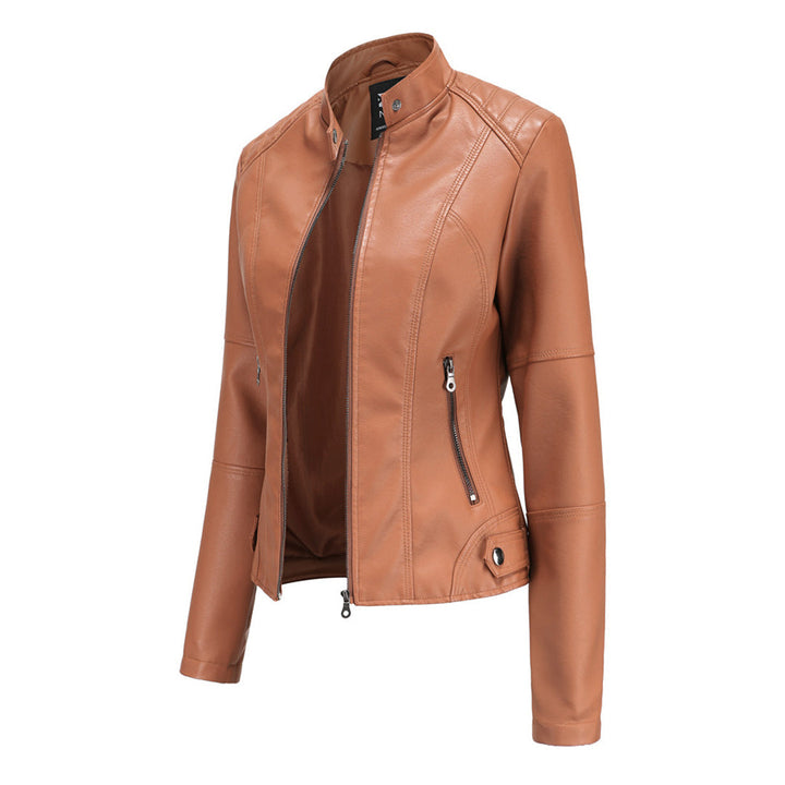 Damen Lederjacke | Taillierte Übergangsjacke mit Reißverschluss, Druckknopfkragen und praktischen Taschen
