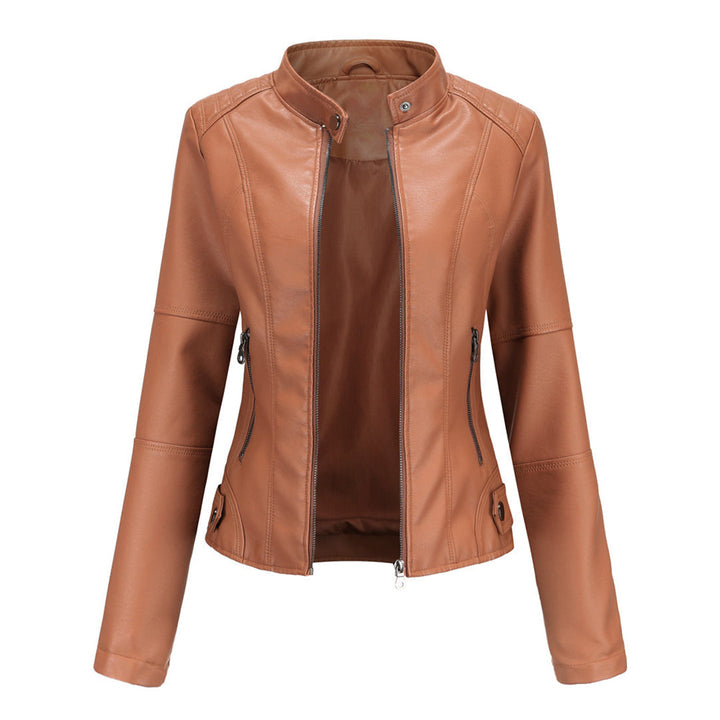 Damen Lederjacke | Taillierte Übergangsjacke mit Reißverschluss, Druckknopfkragen und praktischen Taschen