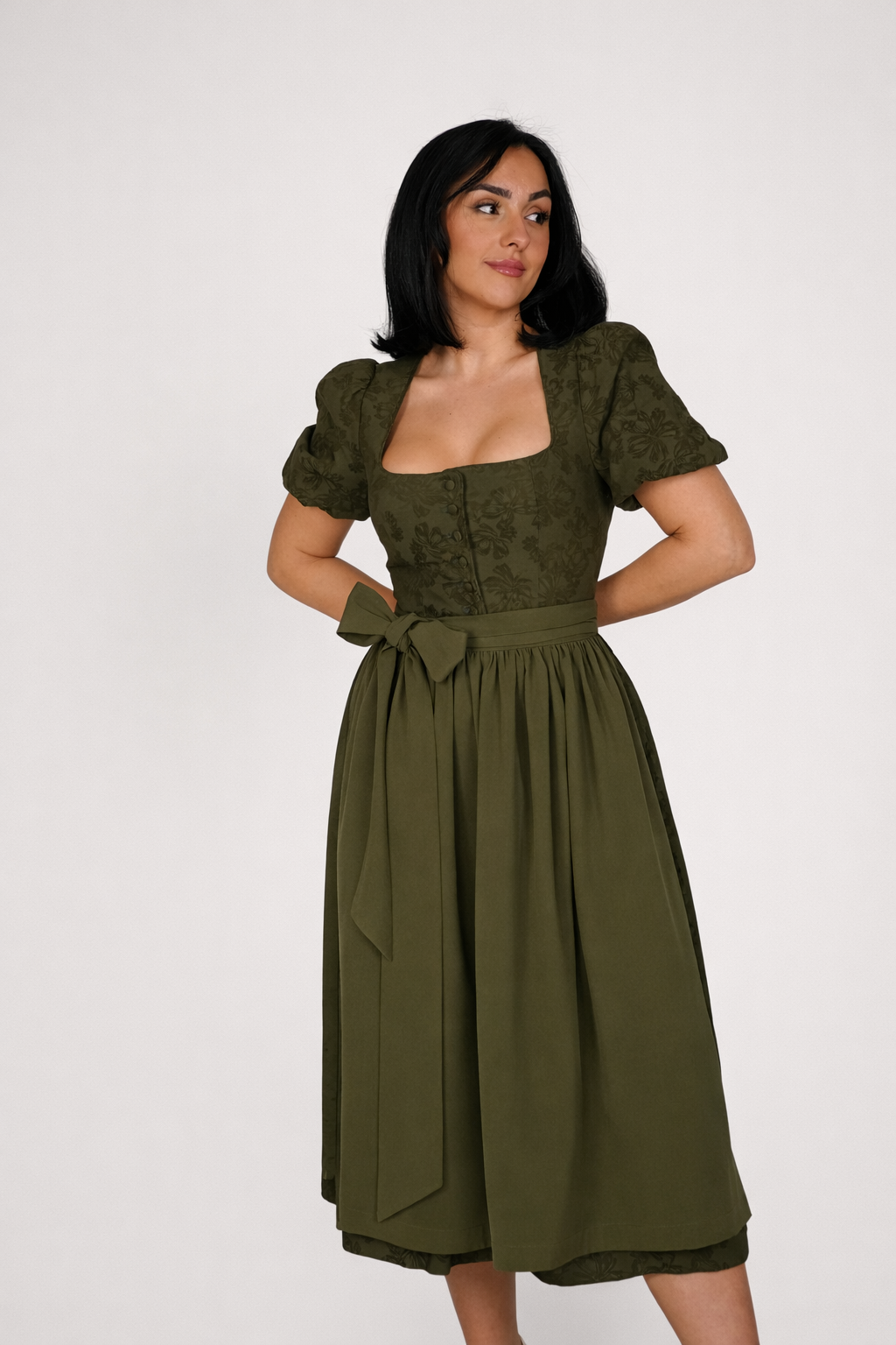 Dirndl Midi Damen | Trachtenkleid mit Puffärmeln, Schürze und geradem Ausschnitt