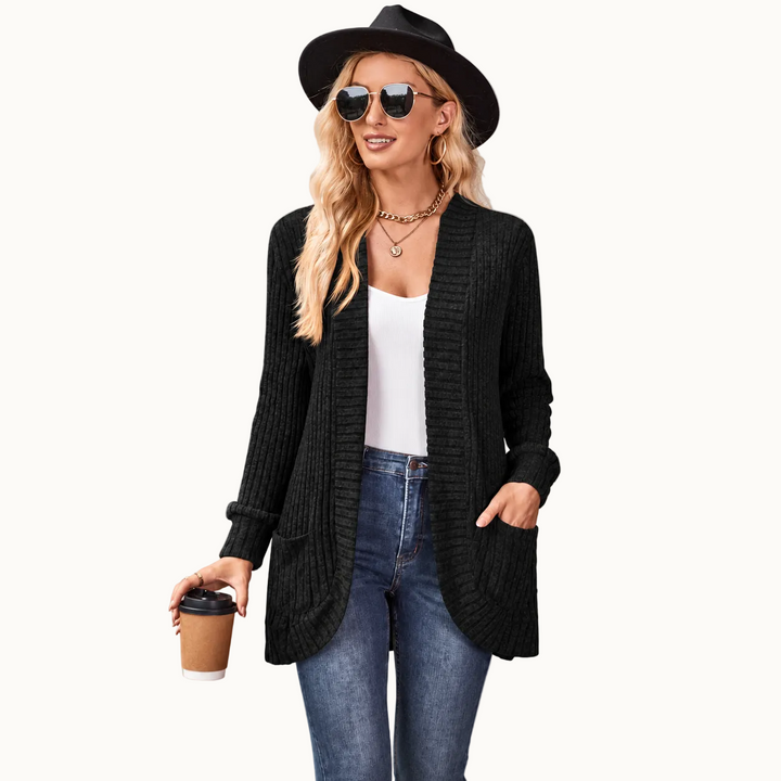 Damen Cardigan | Lange Strickjacke mit offener Front, Rippenstruktur, aufgesetzten Taschen und lockerem Schnitt für Alltag und Büro