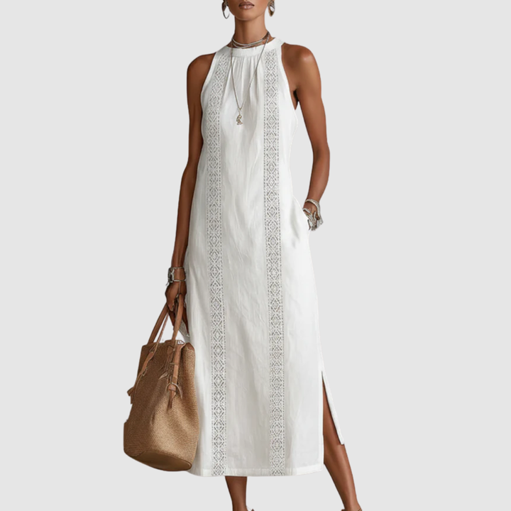 DEVINDI Leinen Midi-Kleid mit Stehkragen &amp; Seitenschlitz | Ärmellos, atmungsaktiv &amp; leicht | Minimalistisch für Alltag &amp; Reise