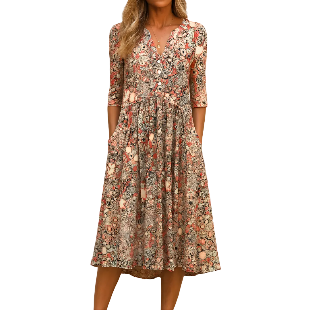 Blumenkleid Midilänge mit V-Ausschnitt &amp; Knöpfen | 3/4-Ärmel, lockere Taille &amp; Seitentaschen | elegant für Alltag &amp; Anlass