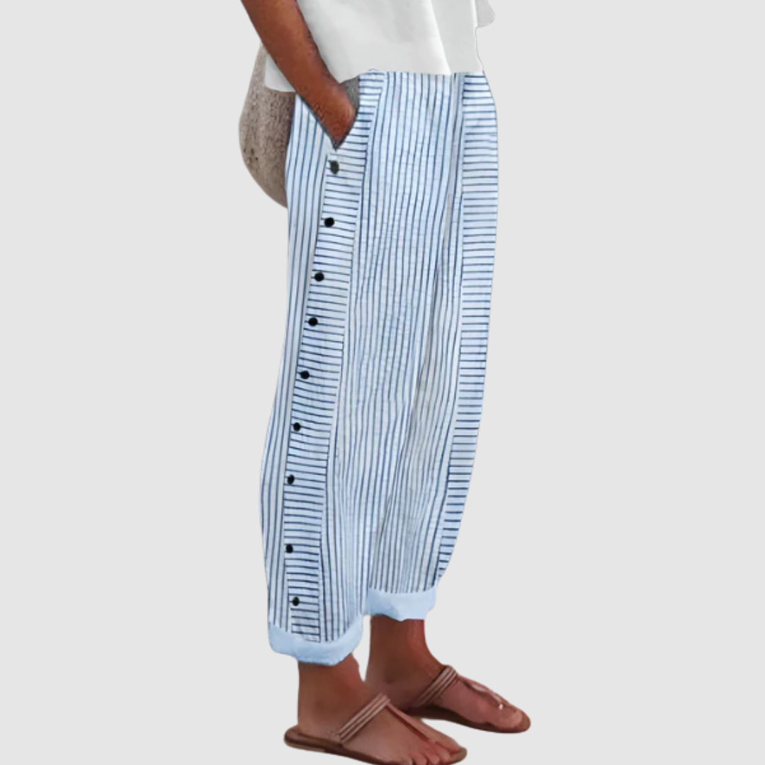 Pantaloni da donna a righe in stile francese | leggeri e traspiranti con tasche laterali | valorizzano la figura e versatili per l’estate