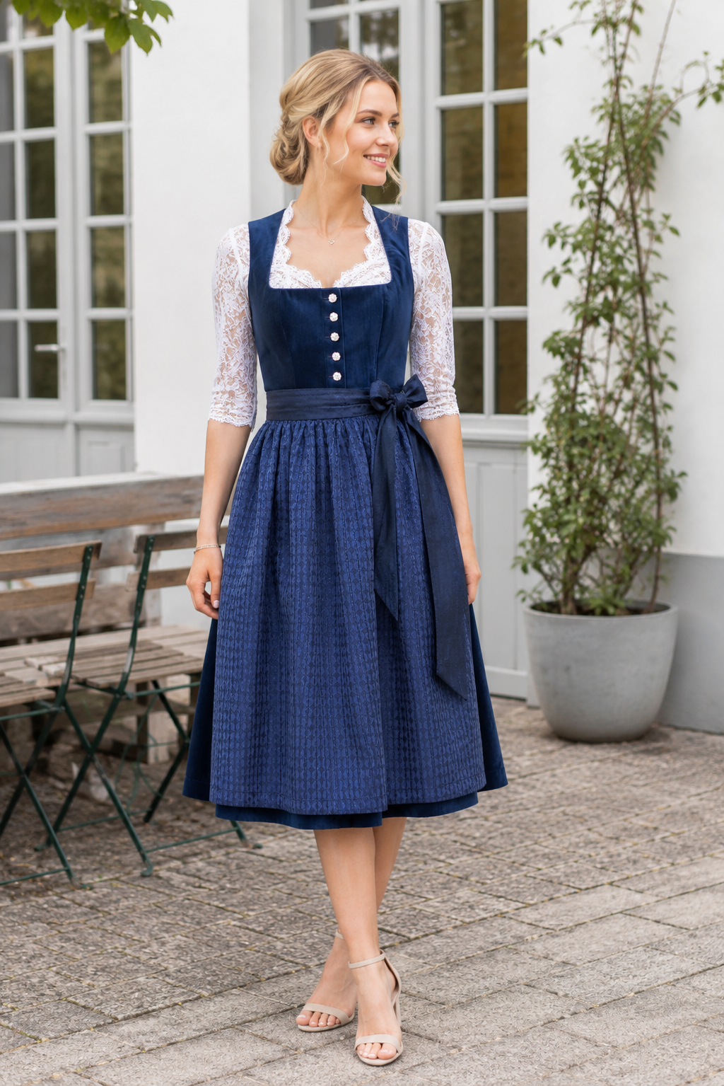 Midi Dirndl Damen | Klassisches Dirndl mit Samtoberteil, Knopfleiste und 65 cm Rocklänge für Volksfeste