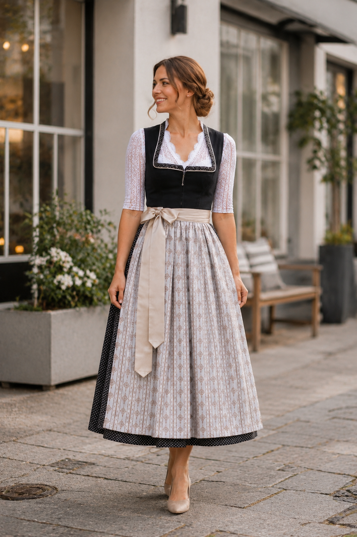 Dirndl lang Damen | Klassisches Dirndl mit Samtmieder, Reißverschluss und 85 cm Rocklänge für Volksfeste