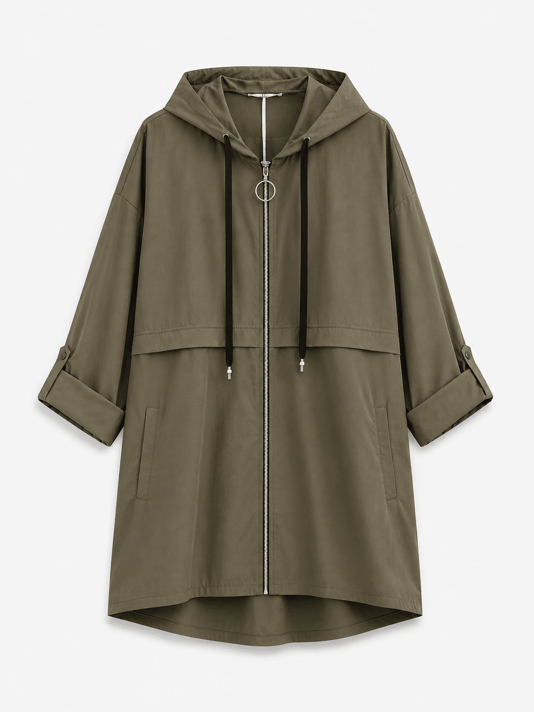 Damen Regen Parka Khaki mit Kapuze | Lange Übergangsjacke mit Kordelzug, Reißverschluss und Taschen | Einheitsgröße 36–42
