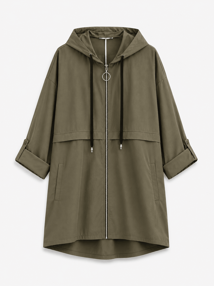 Damen Regen Parka Khaki mit Kapuze | Lange Übergangsjacke mit Kordelzug, Reißverschluss und Taschen | Einheitsgröße 36–42