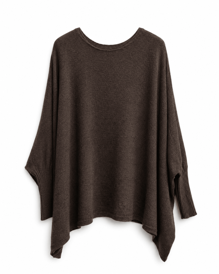 Damen Feinstrickpullover Braun mit Rundhalsausschnitt | Weiter gerader Schnitt mit langen Rippbündchen | Einheitsgröße 36–42+