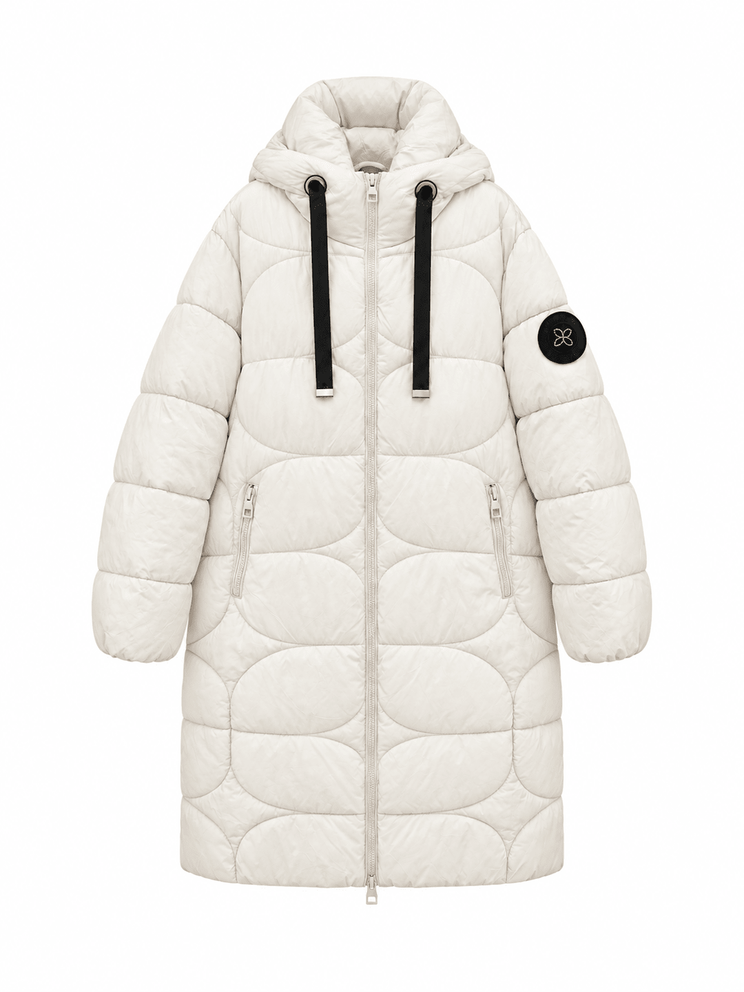 Damen Winter Steppmantel Creme mit Kapuze | Warm wattierter langer Mantel mit 2-Wege-Reißverschluss und Taschen | S–XXL