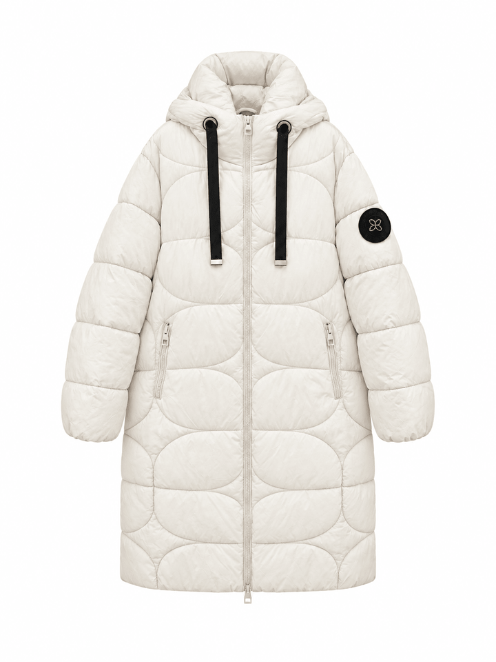 Damen Winter Steppmantel Creme mit Kapuze | Warm wattierter langer Mantel mit 2-Wege-Reißverschluss und Taschen | S–XXL
