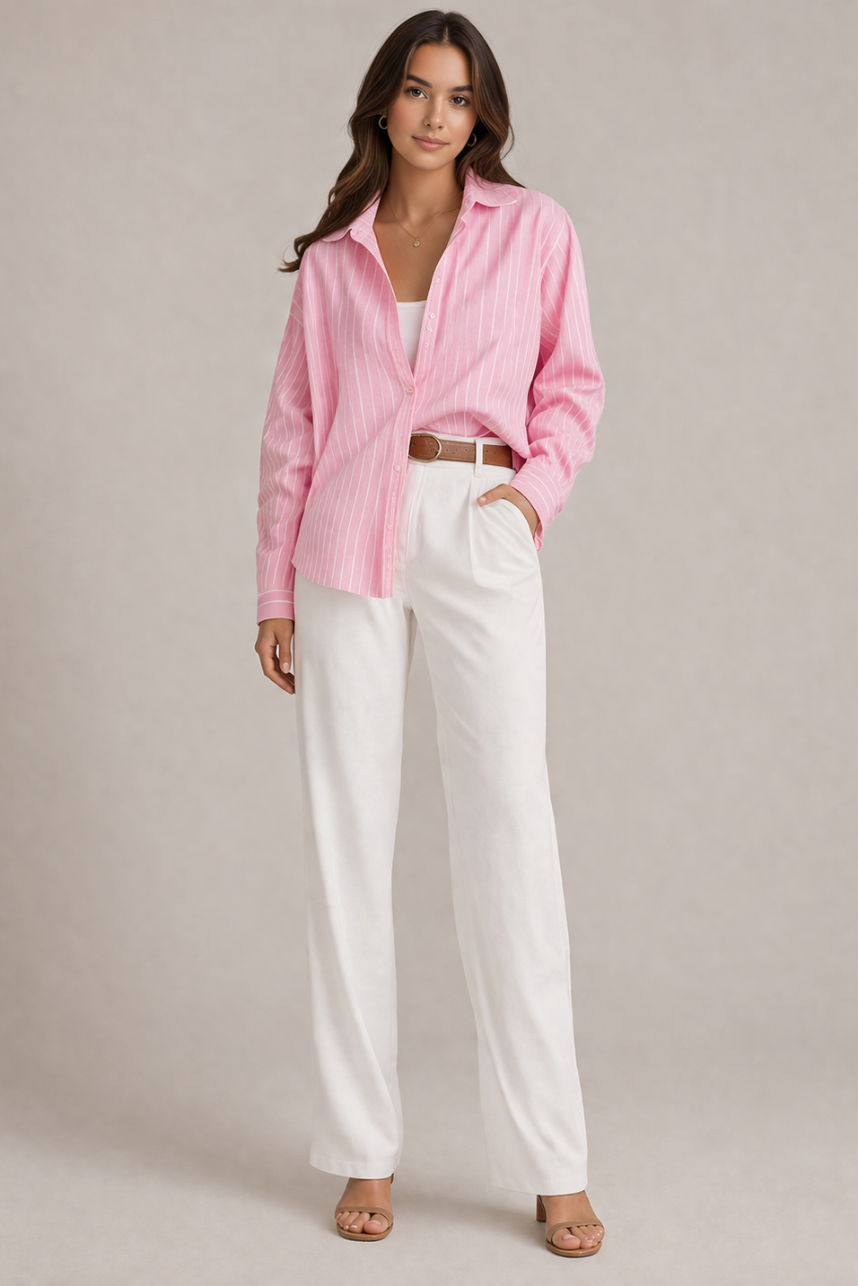 Damen Gestreifte Bluse | Lockeres Hemd mit Knopfleiste &amp; Hemdkragen | Langarm Sommerbluse Rosa Weiß