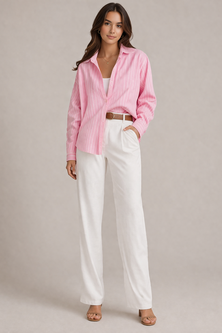 Damen Gestreifte Bluse | Lockeres Hemd mit Knopfleiste &amp; Hemdkragen | Langarm Sommerbluse Rosa Weiß