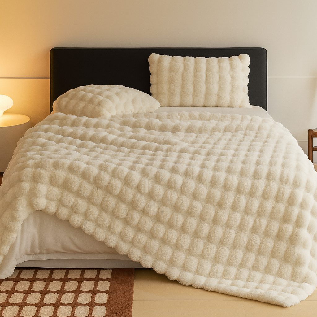 Kuscheldecke mit Blasenstruktur | Flauschige Decke in Kaninchenfell-Optik für Sofa, Bett, Büro und Reisen | Maschinenwaschbar