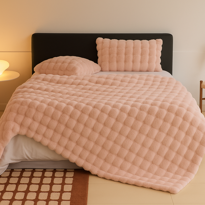 Kuscheldecke mit Blasenstruktur | Flauschige Decke in Kaninchenfell-Optik für Sofa, Bett, Büro und Reisen | Maschinenwaschbar