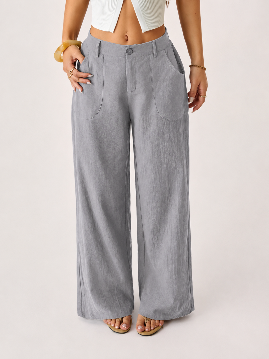 Damen Palazzo Hose aus Baumwoll-Leinen | High Waist Sommerhose mit Weitem Bein &amp; Taschen | Luftig &amp; Bequem