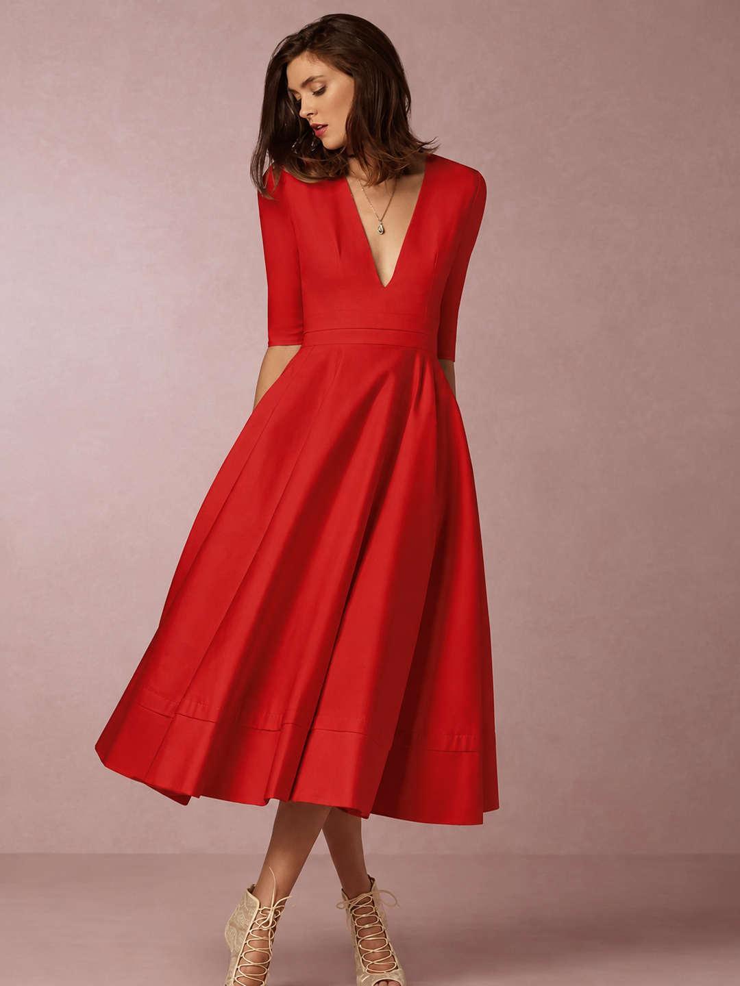 Damen A-Linie Midikleid mit tiefem V-Ausschnitt &amp; Taillenbetonung | 3/4-Ärmel | Schwingender Rock | S–3XL, Farbenwahl