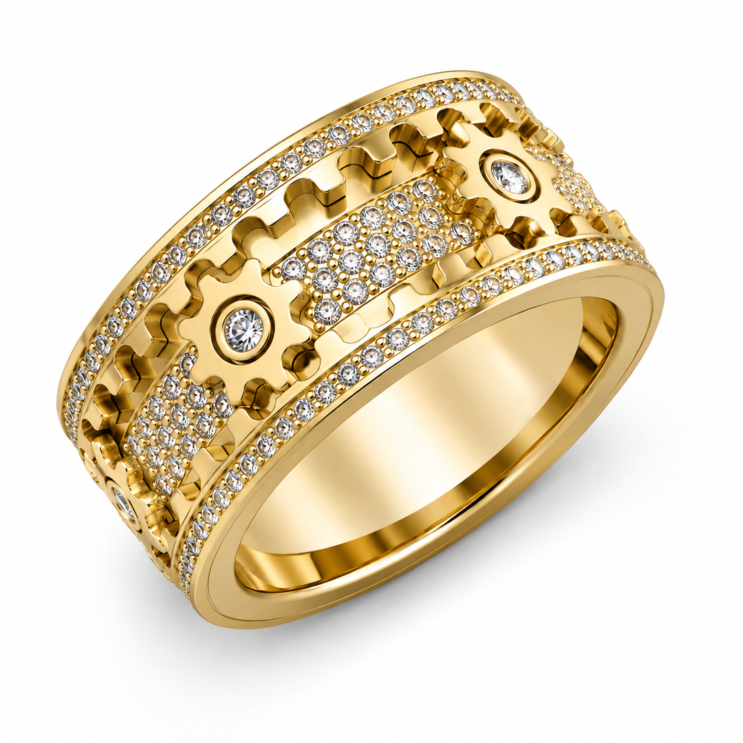 Spinner Ring aus Edelstahl | Anti-Stress-Ring mit 6 Zahnrädern und Zirkonia