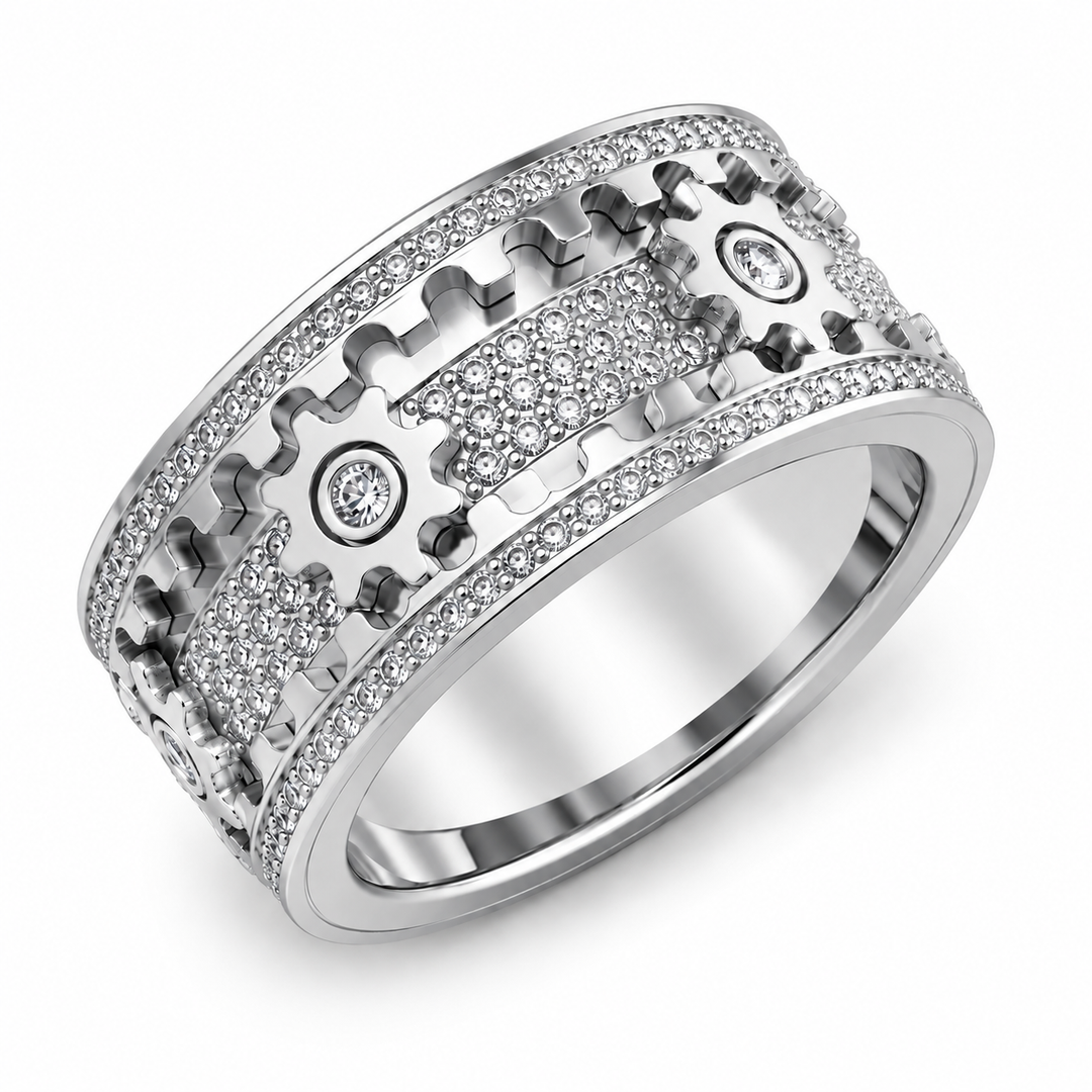 Spinner Ring aus Edelstahl | Anti-Stress-Ring mit 6 Zahnrädern und Zirkonia