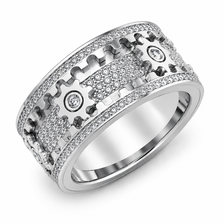 Spinner Ring aus Edelstahl | Anti-Stress-Ring mit 6 Zahnrädern und Zirkonia