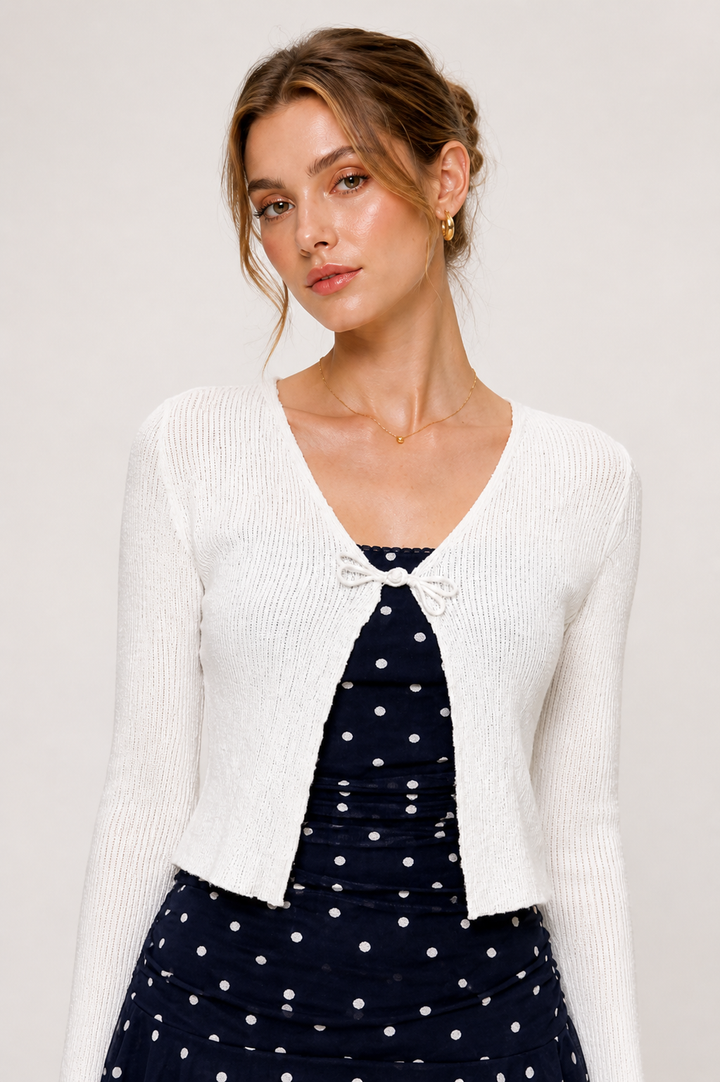 Damen Kurzer Rippstrick Cardigan | Strickjacke mit Bindeband &amp; V-Ausschnitt | Figurbetonte Feinstrickjacke
