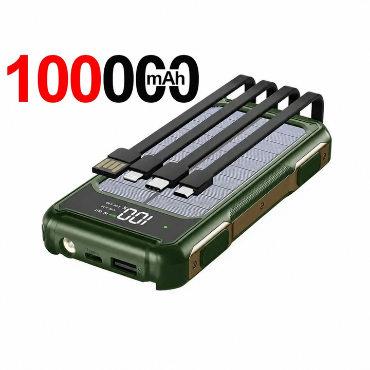 Solar Powerbank | Outdoor-Powerbank mit Solarpanel, integrierten Ladekabeln und LED-Anzeige