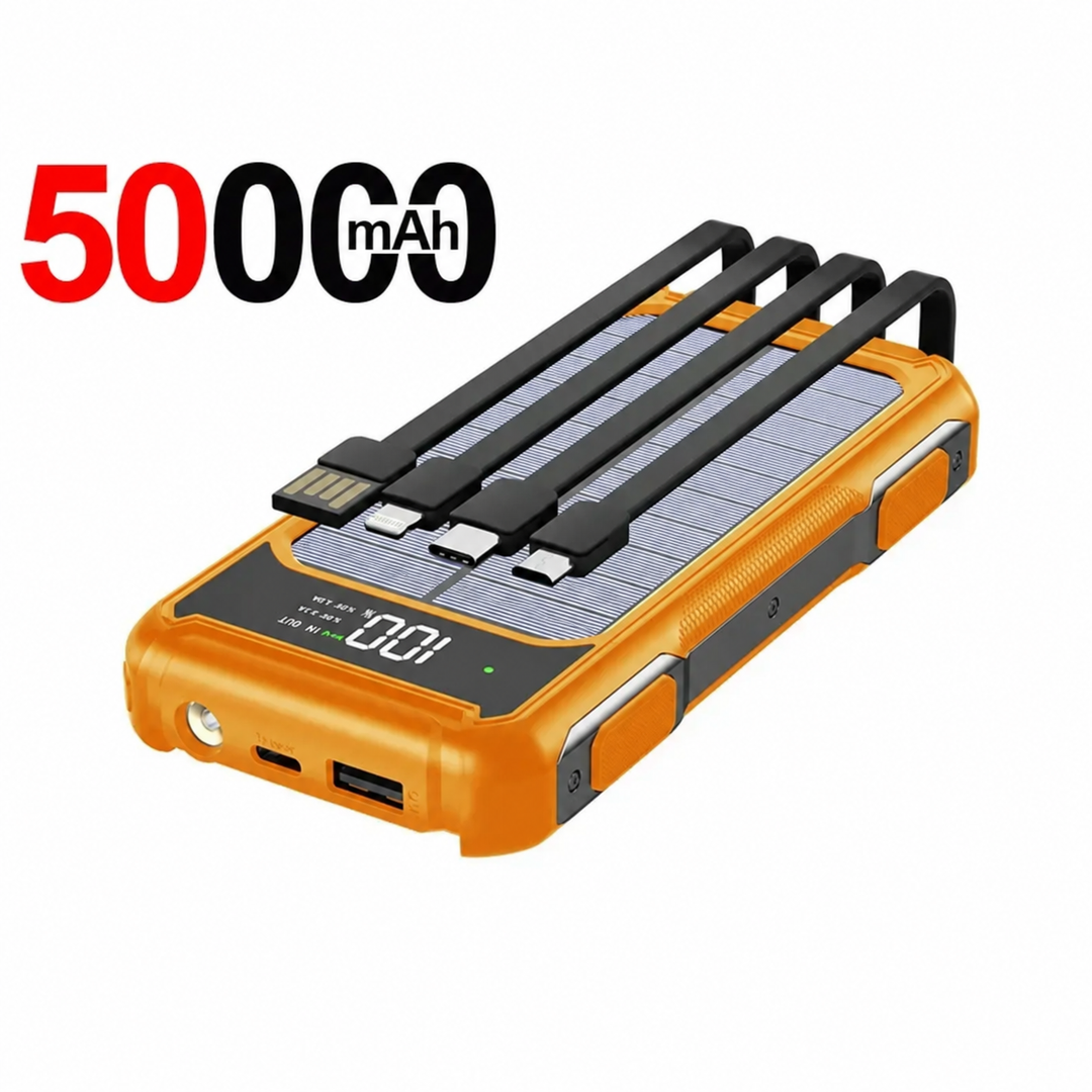 Solar Powerbank | Outdoor-Powerbank mit Solarpanel, integrierten Ladekabeln und LED-Anzeige