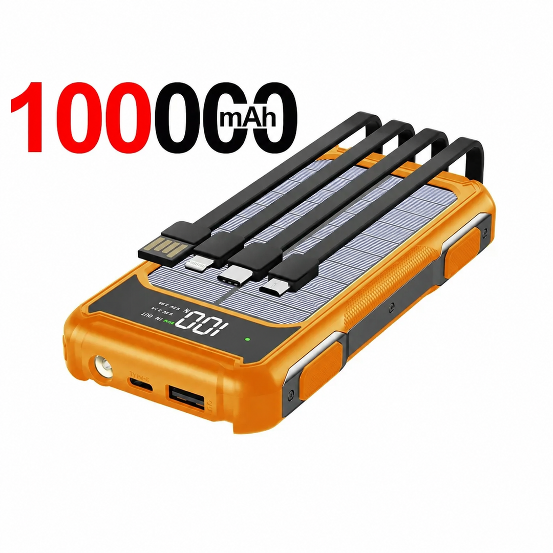 Solar Powerbank | Outdoor-Powerbank mit Solarpanel, integrierten Ladekabeln und LED-Anzeige