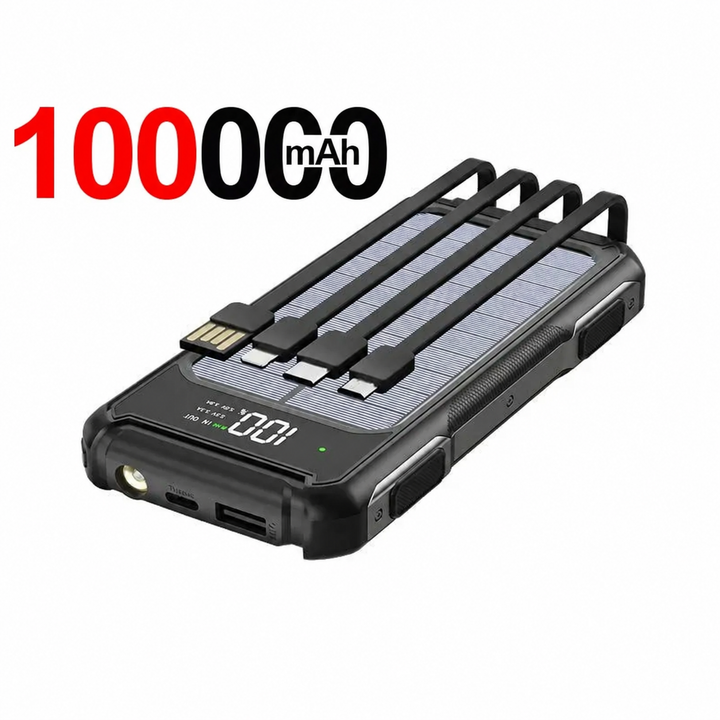 Solar Powerbank | Outdoor-Powerbank mit Solarpanel, integrierten Ladekabeln und LED-Anzeige