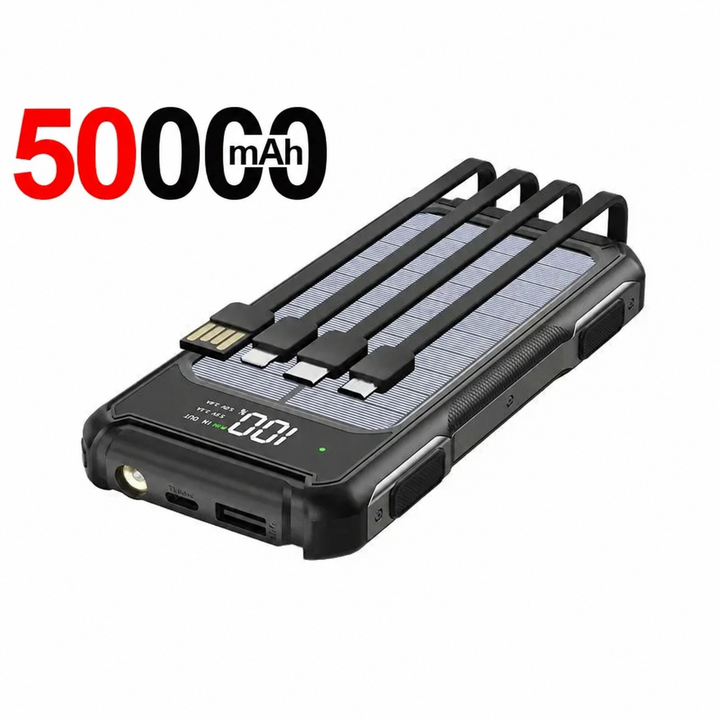 Solar Powerbank | Outdoor-Powerbank mit Solarpanel, integrierten Ladekabeln und LED-Anzeige