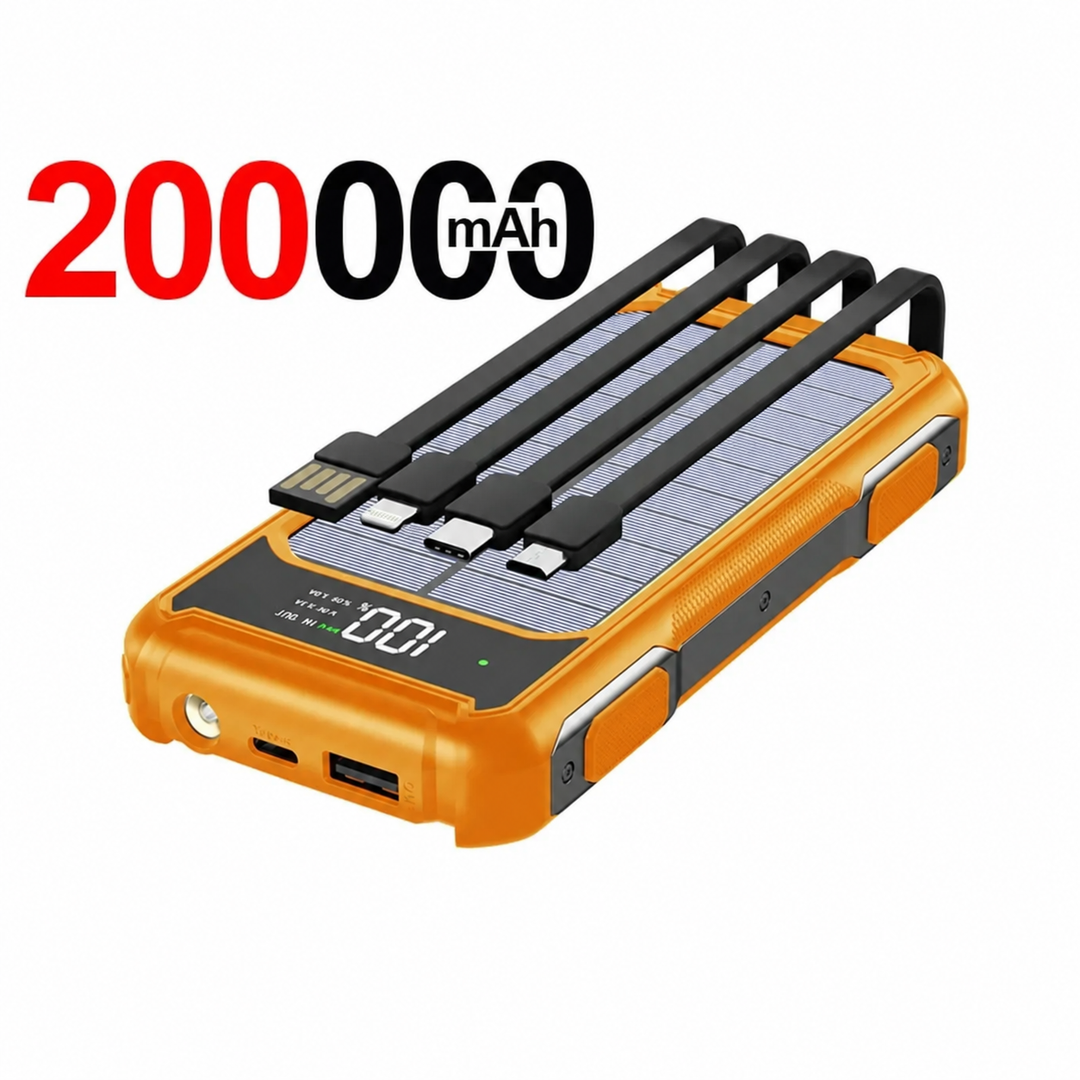Solar Powerbank | Outdoor-Powerbank mit Solarpanel, integrierten Ladekabeln und LED-Anzeige