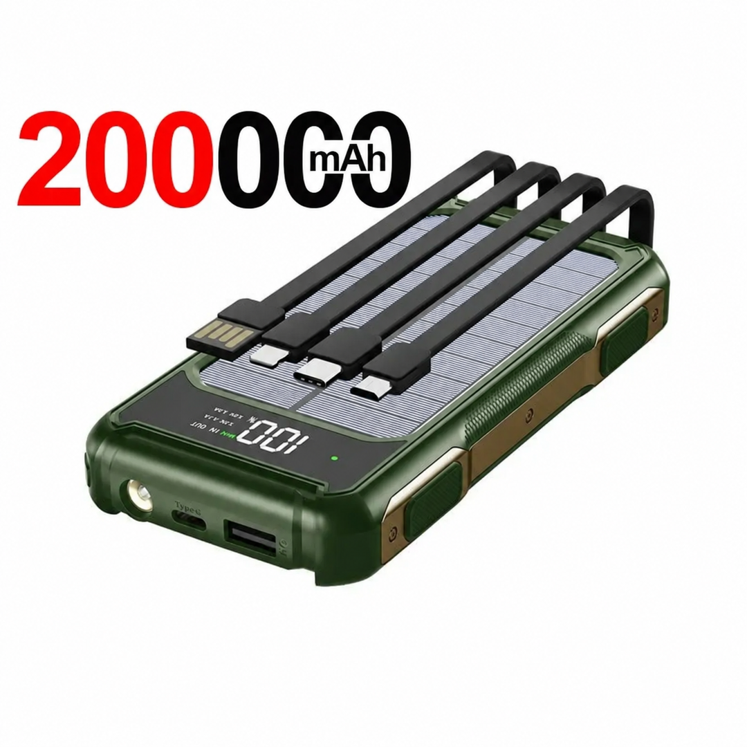 Solar Powerbank | Outdoor-Powerbank mit Solarpanel, integrierten Ladekabeln und LED-Anzeige