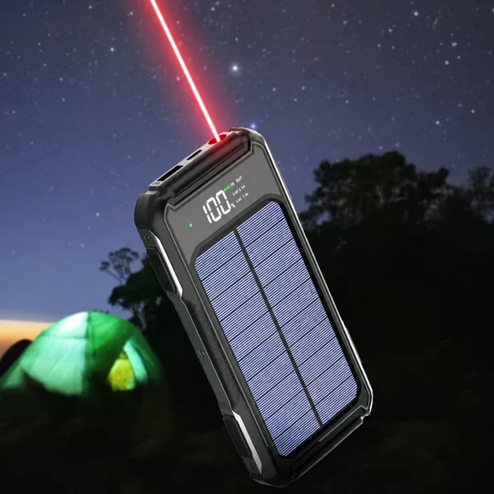 Solar Powerbank | Outdoor-Powerbank mit Solarpanel, integrierten Ladekabeln und LED-Anzeige