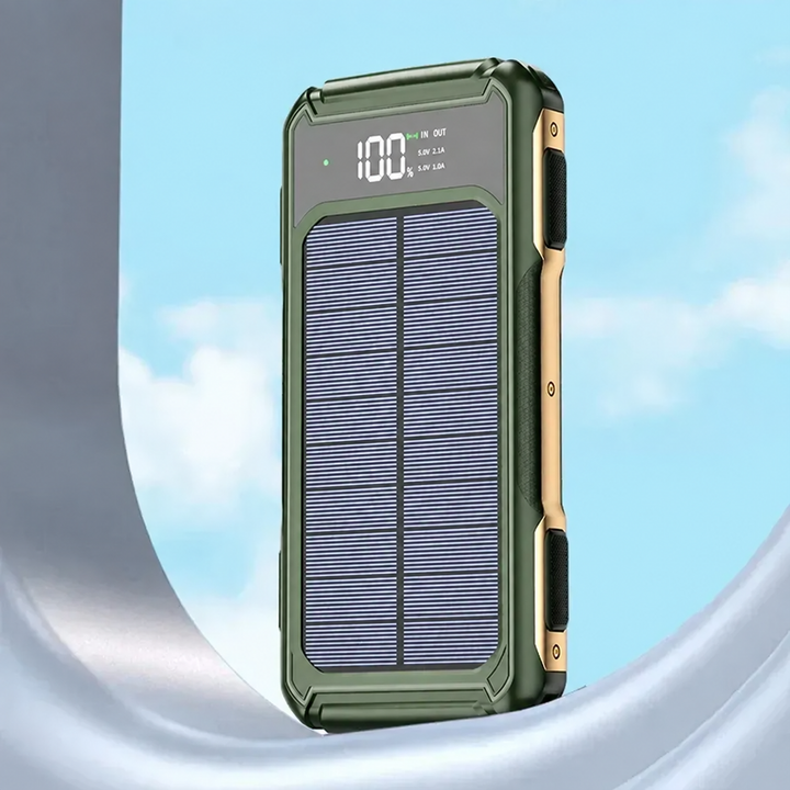 Solar Powerbank | Outdoor-Powerbank mit Solarpanel, integrierten Ladekabeln und LED-Anzeige