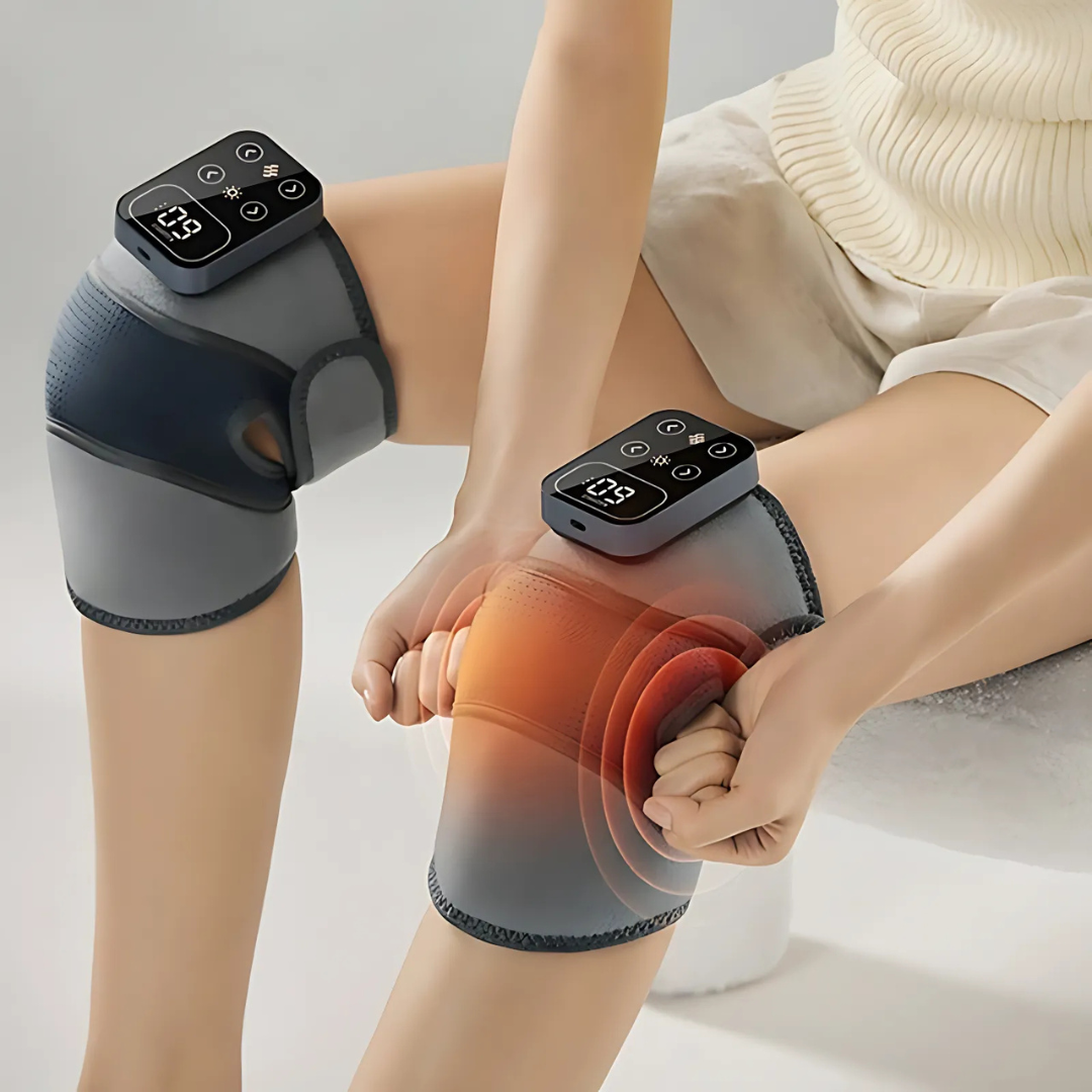 Beheizte Kniebandage mit Vibrationsmodi | Wärmefunktion &amp; Massage | Verstellbar &amp; Atmungsaktiv | USB/Netzbetrieb