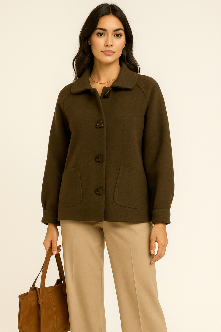 Damen Übergangsjacke mit Knöpfen | Elegante Jacke aus formstabilem Stoff mit aufgesetzten Taschen | Einheitsgröße