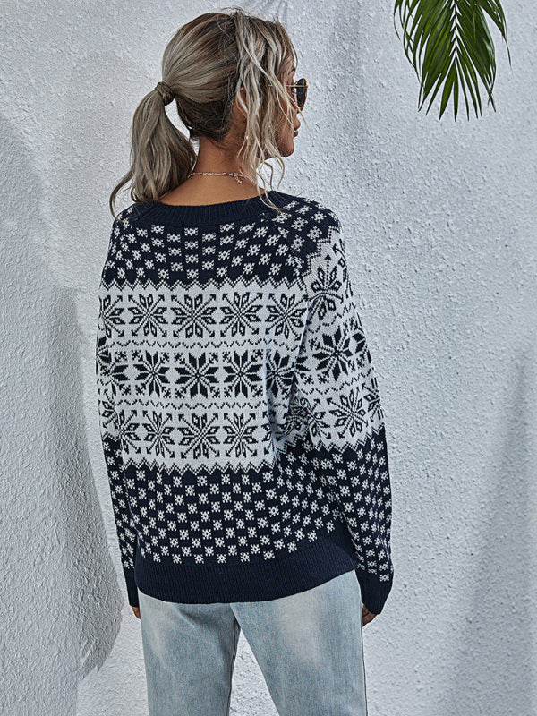 Weihnachtspullover mit Schneeflocken | Gestrickter Winterpullover mit Rundhalsausschnitt, langen Ärmeln und Rippbündchen