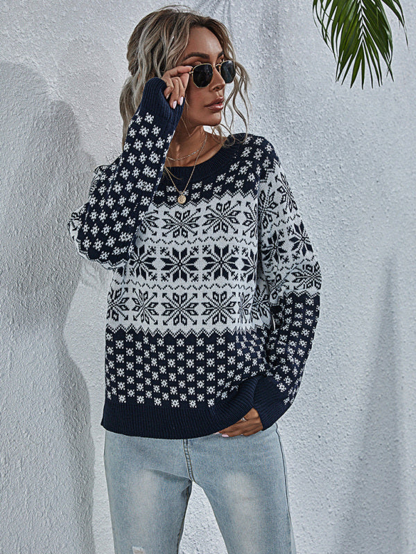 Weihnachtspullover mit Schneeflocken | Gestrickter Winterpullover mit Rundhalsausschnitt, langen Ärmeln und Rippbündchen