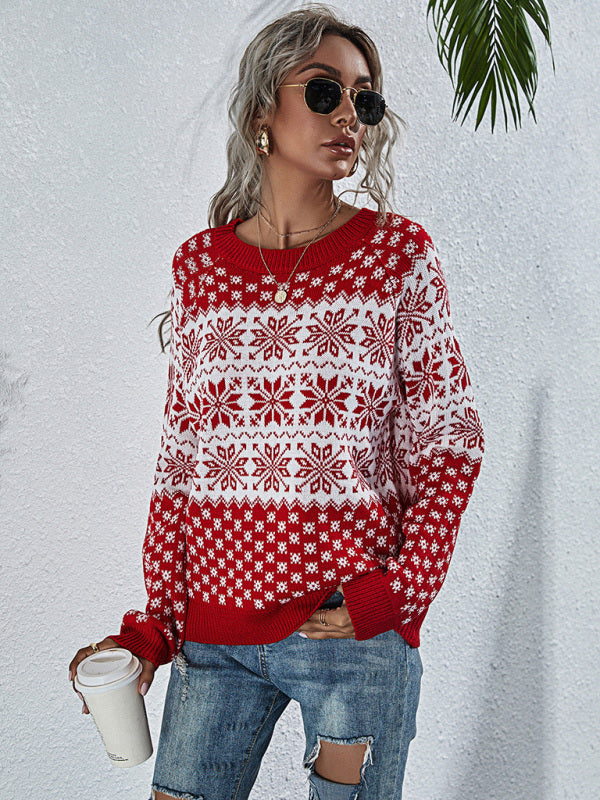 Weihnachtspullover mit Schneeflocken | Gestrickter Winterpullover mit Rundhalsausschnitt, langen Ärmeln und Rippbündchen