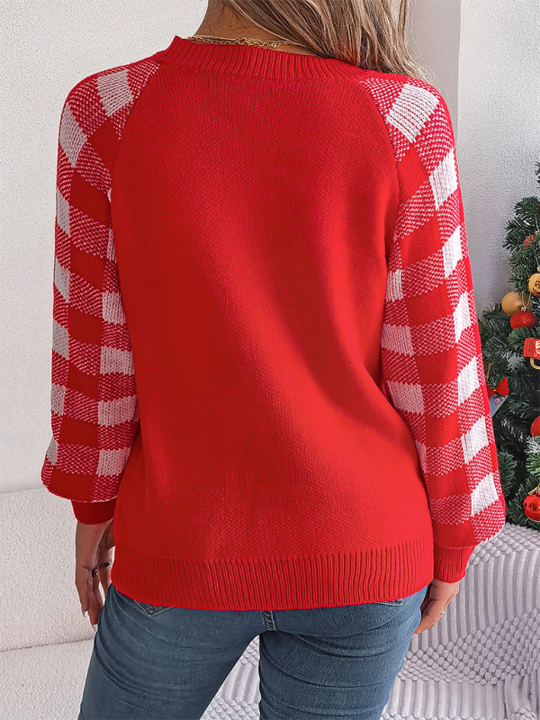 Damen Weihnachtspullover mit Rentiermotiv | Festlicher Strickpullover mit karierten Ärmeln, lockerer Passform und Rippbündchen