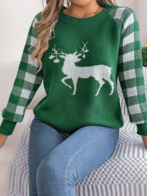Damen Weihnachtspullover mit Rentiermotiv | Festlicher Strickpullover mit karierten Ärmeln, lockerer Passform und Rippbündchen