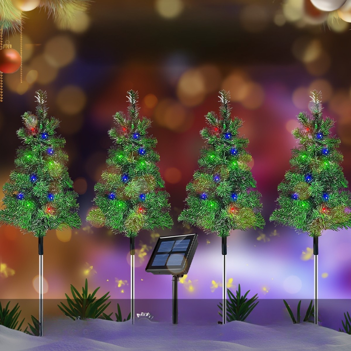 Solar Weihnachtsbaumleuchten 4er Set für Garten und Wege | Mehrfarbige Weihnachtsbeleuchtung mit Erdspießen