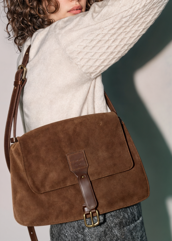 Damen Umhängetasche in brauner Wildlederoptik | Vegane Schultertasche mit Reißverschluss und verstellbarem Riemen