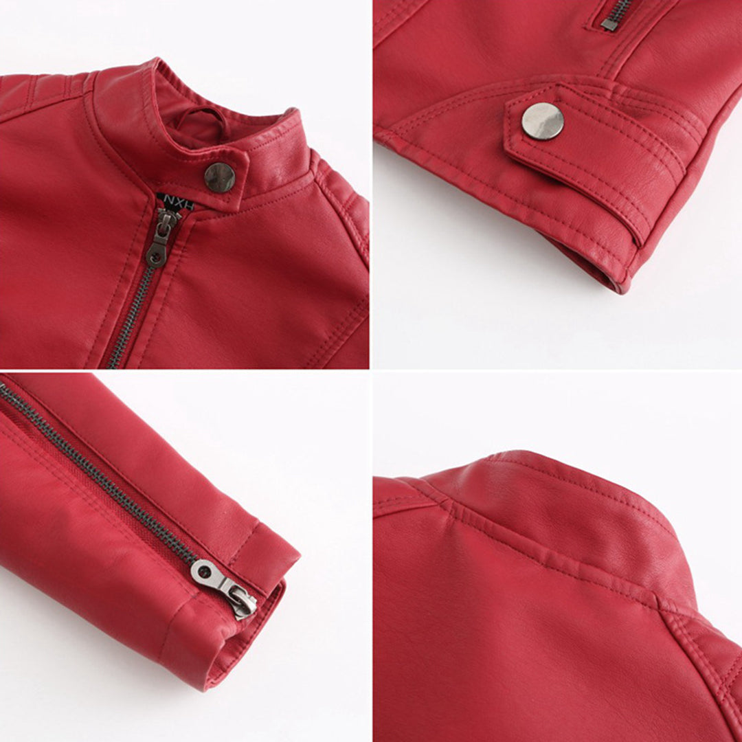 Damen Lederjacke | Taillierte Übergangsjacke mit Reißverschluss, Druckknopfkragen und praktischen Taschen