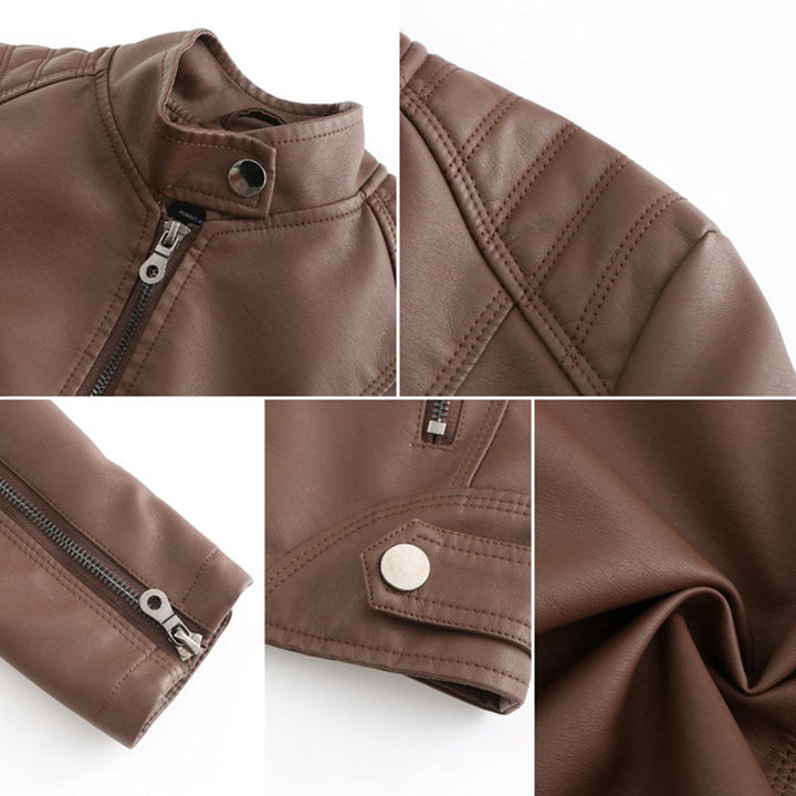 Damen Lederjacke | Taillierte Übergangsjacke mit Reißverschluss, Druckknopfkragen und praktischen Taschen