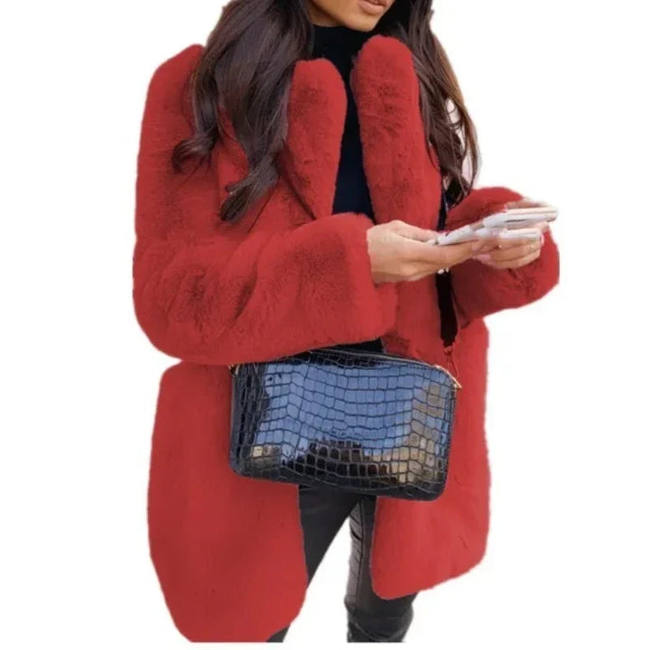 Damen Kunstfelljacke mit offener Vorderseite | Mittellange Winterjacke mit weichem Plüsch, langen Ärmeln und kragenlosem Schnitt