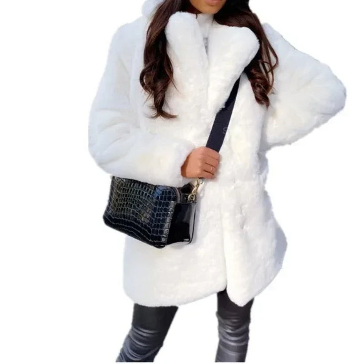 Damen Kunstfelljacke mit offener Vorderseite | Mittellange Winterjacke mit weichem Plüsch, langen Ärmeln und kragenlosem Schnitt